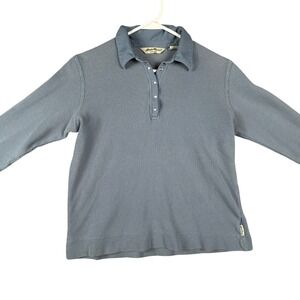 Eddie Bauer Womens Blue Waffle Knit‎ Cotton Snap Polo Shirt Long Sleeve Small